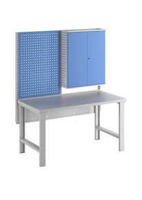 Werkbank, Baukastensystem, mit 1 Lochplatte und Werkzeugschrank, Stahlblech-Platte, BxT 1500 x 750 mm treston