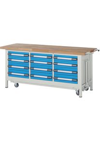 Fahr- und absenkbare Werkbank, Gestellbauweise Serie 8000, 12 Schubladen, BxT 2000 x 700 mm eurokraft pro