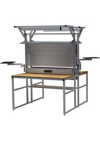 workalu Aluminium-Werkbank mit Systemaufbau, doppelseitig, Energieleiste, Lochwand, Magnetwand, 2 Schwenkarme, 2 Arbeitsplatzleuchten, Plattenbreite