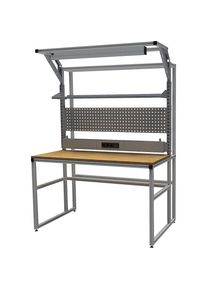 workalu Aluminium-Werkbank mit Systemaufbau, einseitig, Lochwand, Energieleiste, Arbeitsplatzleuchte, Plattenbreite 1500 mm bedrunka hirth