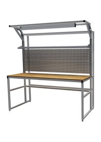 workalu Aluminium-Werkbank mit Systemaufbau, einseitig, 1 Fachboden, 2 Lochwände, Arbeitsplatzleuchte, Plattenbreite 1950 mm bedrunka hirth