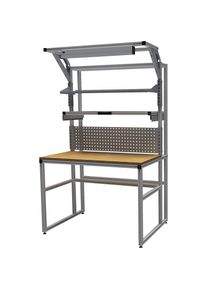 workalu Aluminium-Werkbank mit Systemaufbau, einseitig, Lochwand und Arbeitsplatzleuchte, Plattenbreite 1250 mm bedrunka hirth