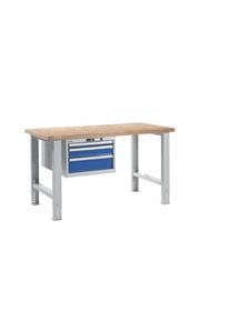 Werkbank im Baukastensystem, H&ouml;he 740 - 1090 mm, H&auml;ngeschrank, 3 Schubladen, enzianblau, Tischbreite 1500 mm LISTA