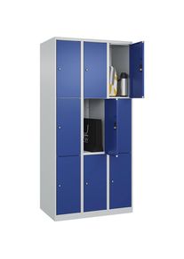 3er-Schlie&szlig;fachschrank Classic PLUS, 3 Abteile, lichtgrau / enzianblau, B 900 mm, 9 F&auml;cher, mit Bodengleitern C+P