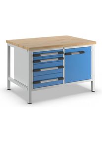 Werkbank, Gestellbauweise Serie 8000, 4 Schubladen: 2 x 90, 2 x 180 mm, 1 T&uuml;r 540 mm, BxT 1250 x 900 mm eurokraft pro