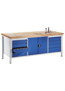 Werkbank, Gestellbauweise, 8 Schubladen Gr&ouml;&szlig;e L, 1 Werkzeugschrank, Tiefe 900 mm, Breite 2000 mm Rau