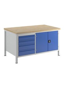 Werkbank, Gestellbauweise, 4 Schubladen Gr&ouml;&szlig;e L, 1 Werkzeugschrank, Tiefe 900 mm, Breite 1500 mm Rau