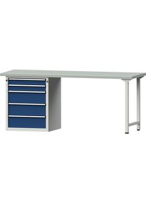 Werkbank, Gestellbauweise Serie V, 5 Schubladen, Breite 2000 mm, Stahlblechbelag ANKE