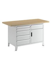 Werkbank Breite 1500 mm, Gestellbauweise, 1 Boden, 6 Schubladen, 1 Tür, Korpus lichtgrau, Front lichtgrau LISTA