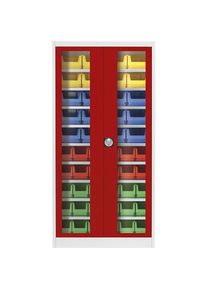 Mauser Vleugeldeurkast met zichtvenster, met 50 magazijnbakken, lichtgrijs/vuurrood