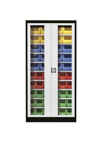 Mauser Vleugeldeurkast met zichtvenster, met 50 magazijnbakken, grafietzwart/lichtgrijs