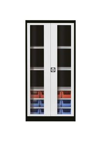 Mauser Vleugeldeurkast met zichtvenster, met 12 magazijnbakken, grafietzwart/lichtgrijs