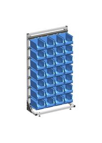 Estantería de postes con cajas visualizables, por un lado, con 28 cajas