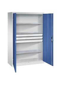 C+P Armario de taller con puertas batientes y cajones, A x P 1200 x 500 mm, 3 baldas, gris luminoso / azul genciana