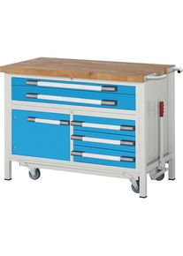 Fahr- und absenkbare Werkbank, Gestellbauweise Serie 8000, 5 Schubladen, 1 Tür, Platten-BxT 1250 x 700 mm eurokraft pro