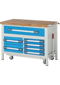 Fahr- und absenkbare Werkbank, Gestellbauweise Serie 8000, 7 Schubladen, Platten-BxT 1250 x 700 mm eurokraft pro