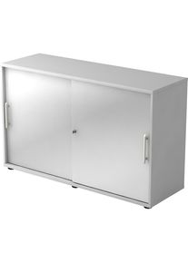 Schuifdeurkast, elk 1 legbord, 1 tussenwand, h x b x d = 748 x 1200 x 400 mm, lichtgrijs / blank aluminiumkleurig
