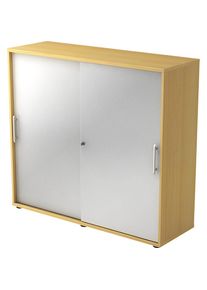 Schuifdeurkast, elk 2 legborden, 1 tussenwand, h x b x d = 1100 x 1200 x 400 mm, beukenhoutdecor / blank aluminiumkleurig