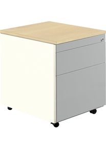 Mauser Ladeblok op wielen, h x d = 579 x 600 mm, 1 materiaallade, 1 hangmappenlade, zuiver wit / blank aluminiumkleurig / ahornhoutdecor
