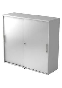 Schuifdeurkast, elk 2 legborden, 1 tussenwand, h x b x d = 1100 x 1200 x 400 mm, lichtgrijs / blank aluminiumkleurig