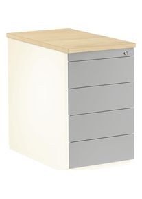 Mauser Ladeblok, h x d = 720 x 800 mm, 4 laden, zuiver wit / blank aluminiumkleurig / ahornhoutdecor