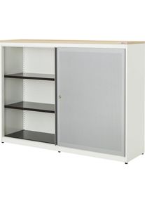 Mauser Schuifdeurkast, akoestisch effect, kunststof blad, h x b x d = 1180 x 1600 x 432 mm, 2 x 2 legborden, zuiver wit / blank aluminiumkleurig /