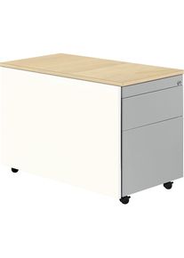 Mauser Buck rodante, H x P 579 x 800 mm, placa de plástico, 1 cajón para material, 1 archivador colgante, blanco puro / aluminio blanco / arce