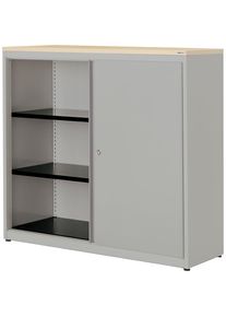 Mauser Schuifdeurkast, h x b x d = 1180 x 1200 x 432 mm, kunststof blad, 2 legborden, blank aluminiumkleurig / blank aluminiumkleurig / ahornhoutdecor