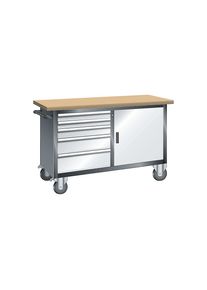 LISTA Compacte werkbank, verrijdbaar, 5 laden, 1 deur, 1 legbord, kastframe grijs metallic, front lichtgrijs