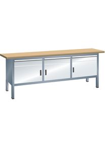 Werkbank, Gestellbauweise, Breite 2000 mm, 3 Schubladen, 3 Türen, Korpus grau metallic, Front lichtgrau LISTA