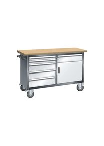 LISTA Compacte werkbank, verrijdbaar, 6 laden, 1 deur, 1 legbord, kastframe grijs metallic, front lichtgrijs