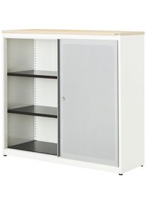 Mauser Schuifdeurkast, akoestisch effect, kunststof blad, h x b x d = 1180 x 1200 x 432 mm, 2 legborden, zuiver wit / blank aluminiumkleurig /