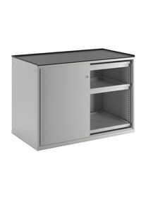 LISTA Schuifdeurkast, draagvermogen uitschuifbaar legbord 75 kg, 4 laden, 2 uitschuifbare legborden, lichtgrijs