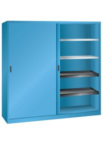 LISTA Schuifdeurkast met plaatstalen deuren, 4 legborden, 4 uitschuifbare legborden, lichtblauw