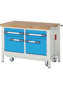 Fahr- und absenkbare Werkbank, Gestellbauweise Serie 8000, 2 Schubladen, 2 Türen, BxT 1250 x 700 mm eurokraft pro