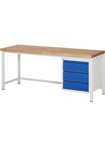 Rau Werkbank, frameconstructie serie 8500, 3 laden, bladbreedte 2000 mm, gentiaanblauw