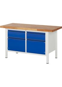 Rau Werkbank, frameconstructie serie 8500, 2 laden, 2 deuren, bladbreedte 1500 mm, gentiaanblauw