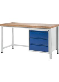 Rau Werkbank, frameconstructie serie 8500, 3 laden, bladbreedte 1500 mm, gentiaanblauw