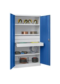 Pavoy Zwaarlastkast, hoogte 1950 mm, 3 legborden, 3 laden &agrave; 125 mm, grijs / blauw