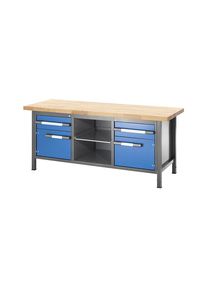 eurokraft pro In hoogte verstelbare werkbank, stellingbouw, 2 laden, 2 deuren, 1 uitschuifbaar legbord, breedte 2000 mm, antraciet / blauw
