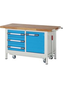 Fahr- und absenkbare Werkbank, Gestellbauweise Serie 8000, 3 Schubladen, 1 Tür, BxT 1500 x 700 mm eurokraft pro