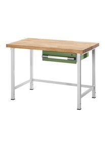 eurokraft pro In hoogte verstelbare werkbank, stellingbouw, 1 lade, breedte 1000 mm, lichtgrijs / groen