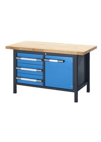 eurokraft pro In hoogte verstelbare werkbank, stellingbouw, 3 laden, 1 vleugeldeur, breedte 1500 mm, antraciet / blauw