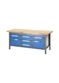 eurokraft pro In hoogte verstelbare werkbank, stellingbouw, 5 laden, 2 vleugeldeuren, breedte 2000 mm, antraciet / blauw