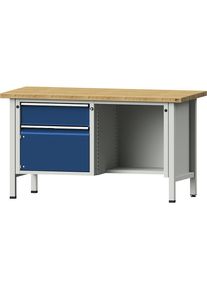 Werkbank, Gestellbauweise Serie V, 1 Schublade, Tür 360 mm, ½ Ablageboden, Buche massiv, Teilauszug ANKE