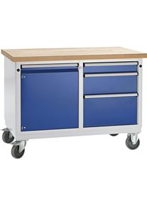 ANKE Compacte werkbank, verrijdbaar, b x d 1140 x 650 mm, 1 kast, 3 laden, massief beuken plaat
