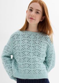Grobstrick-Pullover mit Lochstickerei, grau, Gr&ouml;&szlig;e 128/134, bonprix
