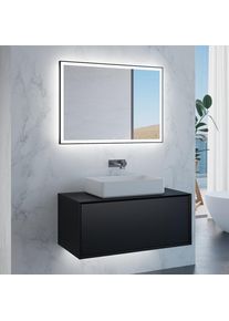 neoro n60 Meuble bas l: 100 cm, 1 tiroir, vasque blanche mate, avec miroir éclairé,, BN0065WM+BN0756BM+BN0016MI,