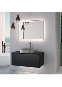 neoro n60 Meuble bas l: 100 cm, 1 tiroir, vasque acier inoxydable brossé, avec miroir éclairé,, BN0737BS+BN0756BM+BN0016MI,