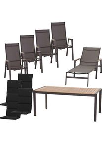 siena GARDEN , Garten-Essgruppe »Savona / Zurigo« Set, 10 Stk. tlg. best. aus 4 Sesseln, 4 Auflagen, 1 Liege und 1 Tisch , matt anthrazit, Holz +